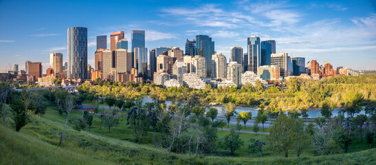 Panoramic of the Calgary skyline on a summer morning.