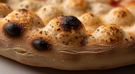Close-up of a Delicious Pizza Crust with Bubbles and Char.