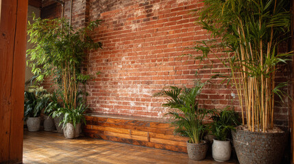 Reclaimed brick wall combined with bamboo accents and greenery.
