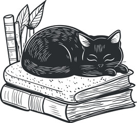 Charming black and white vector illustration of a sleeping cat on a stack of books, ideal for cozy home decor or literary themes