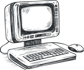 Vintage sketch style vector illustration of a retro computer setup featuring a monitor, keyboard, and mouse for technology-themed design projects