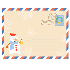 Envelope for Santa Claus. Template with soft beige background decorated with snowman, stamp, snowflakes, copy space. Merry Christmas. Vector illustration.