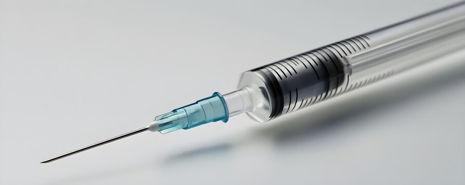Close-up of a clear medical syringe with a sharp needle on a light background