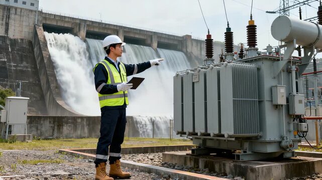 Engineer inspects equipment, Field technician examines dam transformer