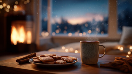 Cozy winter scene with steaming mug of hot drink, cookies and warm fireplace creating a peaceful holiday atmosphere