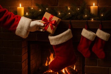 Santa placing a gift into a Christmas stocking hanging on the fireplace during Christmas Eve