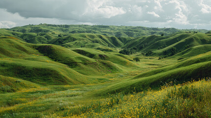 Obraz premium Rolling hills covered with fresh green grass and wildflowers