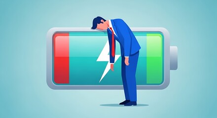 Drained and exhausted businessman leaning over a low power battery, a visual metaphor for professional burnout and chronic fatigue syndrome