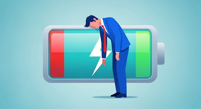 Drained and exhausted businessman leaning over a low power battery, a visual metaphor for professional burnout and chronic fatigue syndrome
