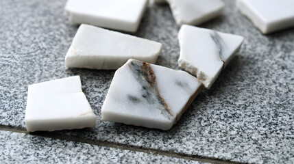 Abstract fragments of white marble with subtle grey veins on a textured surface