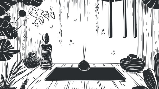 Minimalist black and white vector illustration of a tranquil yoga space surrounded by lush foliage and serene elements for wellness themes.