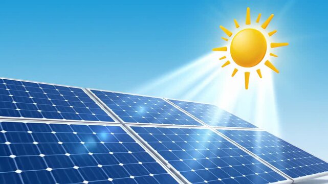 Animated weather transition from dark rain cloud with droplets to bright sun shining over solar panels, showcasing the shift from stormy to sunny conditions, camera pans smoothly