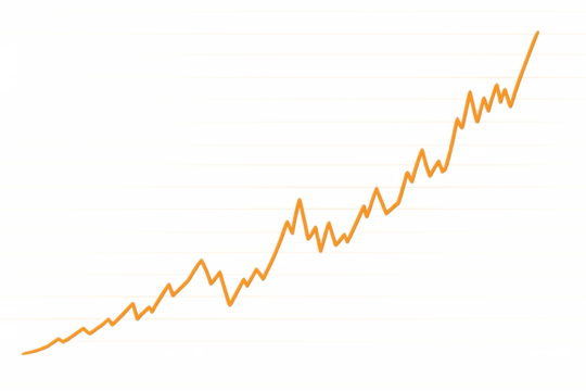 Line graph with an upward trend displaying data, statistics, and increasing value, representing business growth and market success