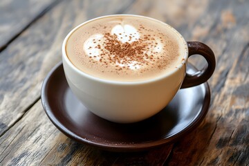 Delicious cappuccino coffee with latte art and cocoa powder on a wooden table