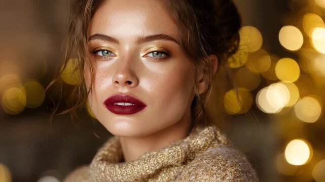 Gold-themed beauty fashion model with warm glow showcases festive style and elegance during the holiday season with soft bokeh lights in the background