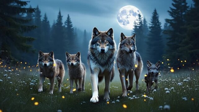 A pack of wolves walking through a field at night with a full moon behind the trees in the distance wolf video