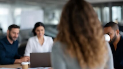 Business woman coach leading effective team meeting in modern office environment with engaged participants attentively listening and contributing, fostering collaboration and success