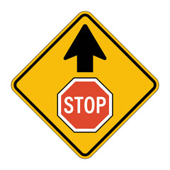 Stop ahead warning sign with arrow indicating forward direction