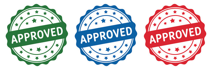 Approved grunge style rubber stamps set, green, blue, red seal