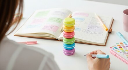 Aesthetic Flat Lay of Pastel Macaron Highlighters and Open Bullet Journal for Planning