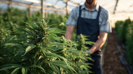 Close-up view of thriving cannabis plants, warm sunset light filtering through greenhouse glass, highlighting crystalline buds and rich green leaves along a narrow aisle path.
