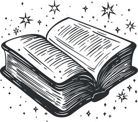 Hand-drawn black and white vector illustration of an open book surrounded by stars, ideal for literary and educational designs