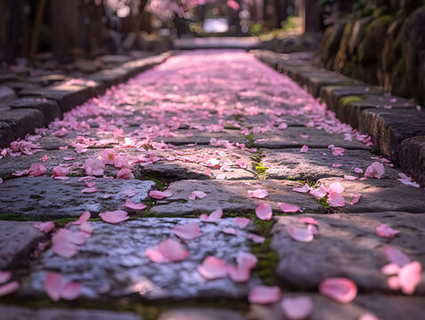 A stone path carpeted with delicate pink cherry blossoms creates a serene spring walkway.