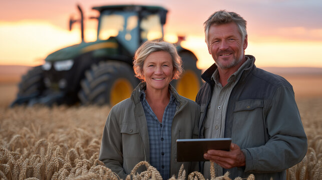 Farmer couple stands in a glowing golden wheat field at sunset, warm amber light illuminating their faces as they review crop data on digital tablets; behind them a tractor moves s