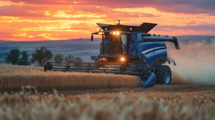 Fototapeta premium Dynamic low-angle view of a powerful combine slicing through thick wheat under a glowing sunset sky; long shadows stretch across the field, showcasing the intensity and productivit