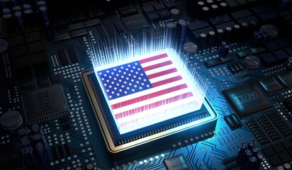 Computer processor with flag of USA - 3D illustration