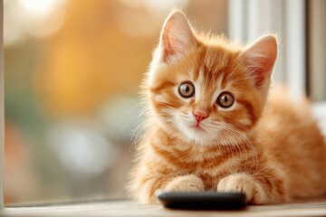 Adorable kitten's morning phone adventure. Kitten tech. The significance of big data in contemporary information science. Kitten morning. Kitten discovery.
