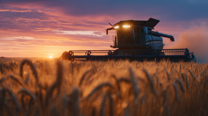 Fototapeta premium Ground-level cinematic shot capturing a combine harvesting grain with the vast sunset behind it, wheat stalks towering in the foreground; the machineryâs precision and strength emb