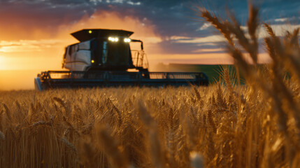 Fototapeta premium Low-angle view of a combine framed against a sweeping golden sunset, its metal surfaces reflecting the warm countryside glow; wheat rustles in the foreground as dust swirls dramati