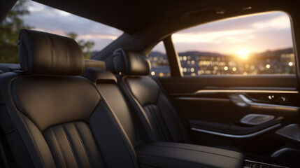 Sleek black leather rear seats inside a premium car, viewed from an angle emphasizing legroom and comfort; the open door allows warm light to spill into the cabin, creating a luxur