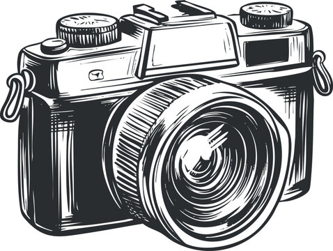 Vintage black and white vector illustration of a camera with detailed lens and dials for design and branding projects