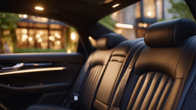 Elegant rear passenger area of a high-end modern car, black leather seats shining under ambient cabin lighting, seatbelts already fastened; the open door presents a welcoming, spac