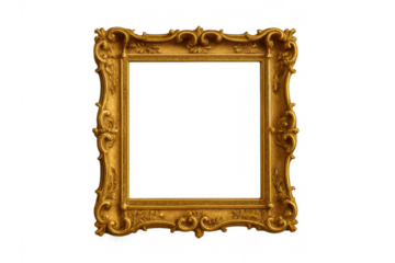 Ornate antique golden picture frame with empty space, rococo style, decorating concepts, transparent background
