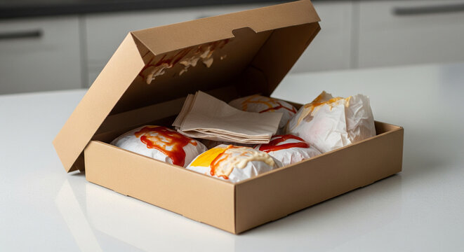 Cardboard Takeout Box Filled with Wrapped Fast Food Burgers and Napkins

An open, brown cardboard takeout box sits on a bright white kitchen counter, containing several individual servings 
