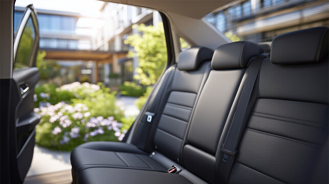 Wide interior shot of a modern family vehicle showcasing the black leather rear seats with seatbelts secured; the open door reveals the sleek bodyline and enhances the sense of acc