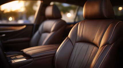 Softly lit luxury car cabin with deep brown leather seats, captured in close-up to reveal texture, stitching craftsmanship, and the sophistication of executive-class design
