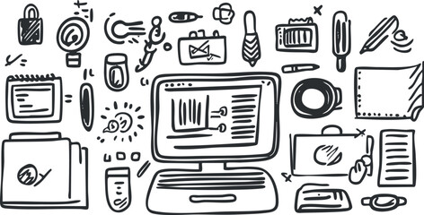 Hand-drawn doodle vector illustration of a creative workspace with a computer, stationery, and business tools for design projects