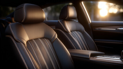 Fototapeta premium Softly lit luxury car cabin with deep brown leather seats, captured in close-up to reveal texture, stitching craftsmanship, and the sophistication of executive-class design
