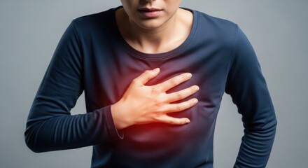Woman Suffering from Acute Chest Pain or Heart Attack with Red Glowing Spot