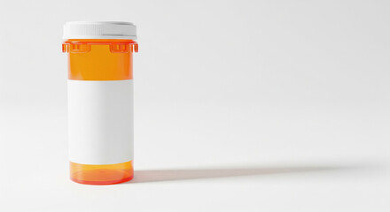 Classic Amber Prescription Pill Bottle with Blank Label and Copy Space

A standard, upright, translucent amber prescription pill bottle with a white safety cap is centrally positioned on a clean white
