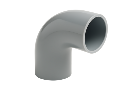 Sanitary plumbing pipe fitting 90 degree elbow for liquid flow connection isolated on white background