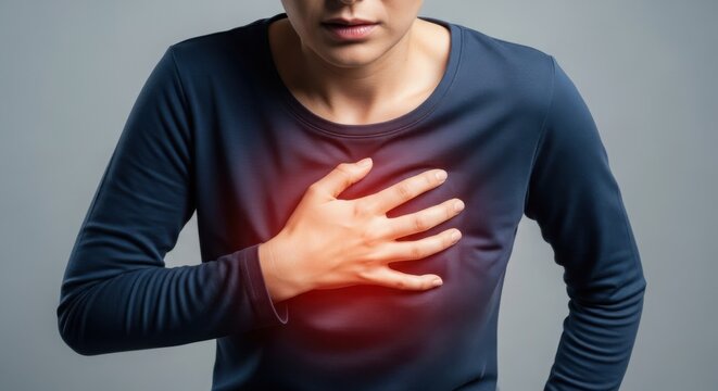 Woman Suffering from Acute Chest Pain or Heart Attack with Red Glowing Spot