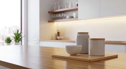 Modern Kitchen Still Life with Bowl and Jars minimalist wooden cutting board countertop interior design home decor table white clean