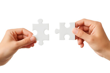 Two human hands holding matching white jigsaw puzzle pieces connecting together on white background