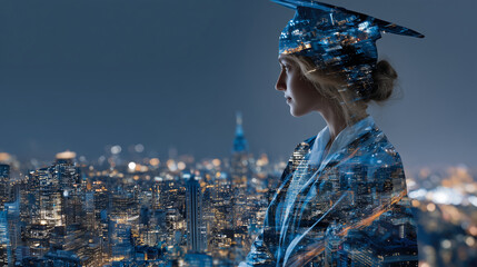 Elegant profile of a young woman in graduation attire, overlaid with luminous skyscrapers and bustling nighttime streets, portraying the journey from academic achievement to thrivi