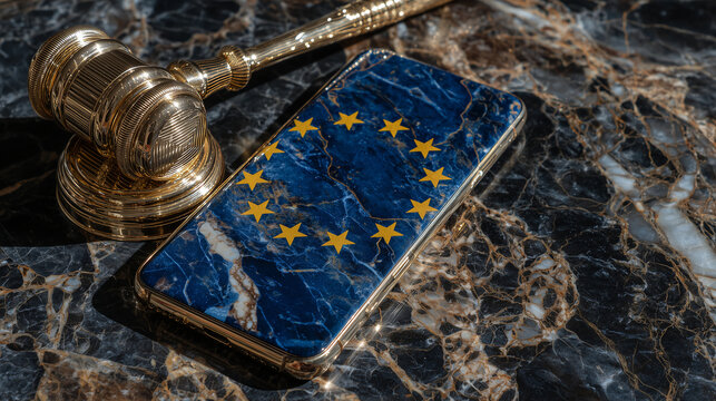 High-contrast scene of an EU-flag smartphone placed next to symbolic legal tools atop deep dark marble, creating a powerful image of European digital regulations, cyber law, and fu